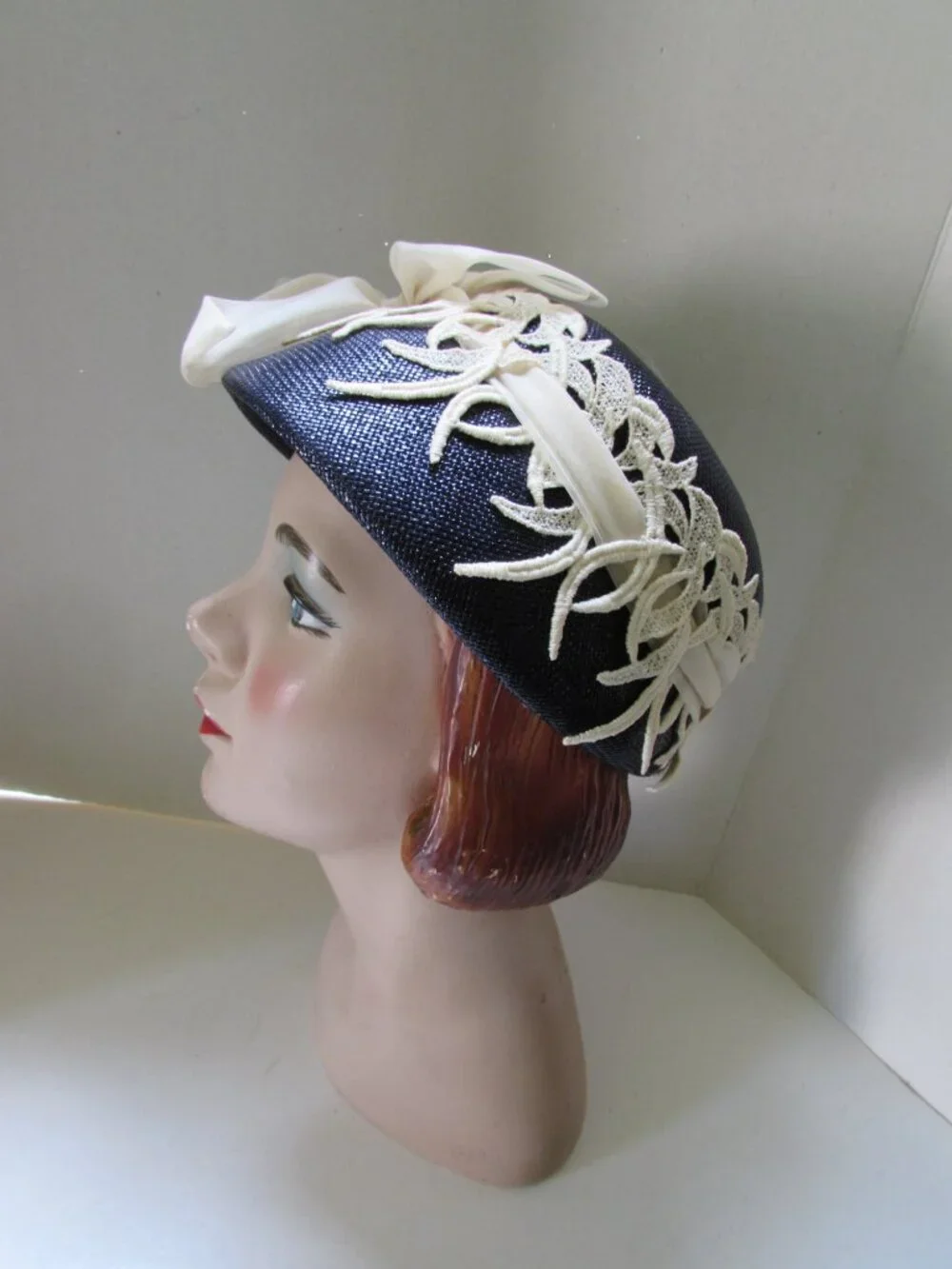 Vintage Hat Navy Blue Weave White Organdy Bow White Trim